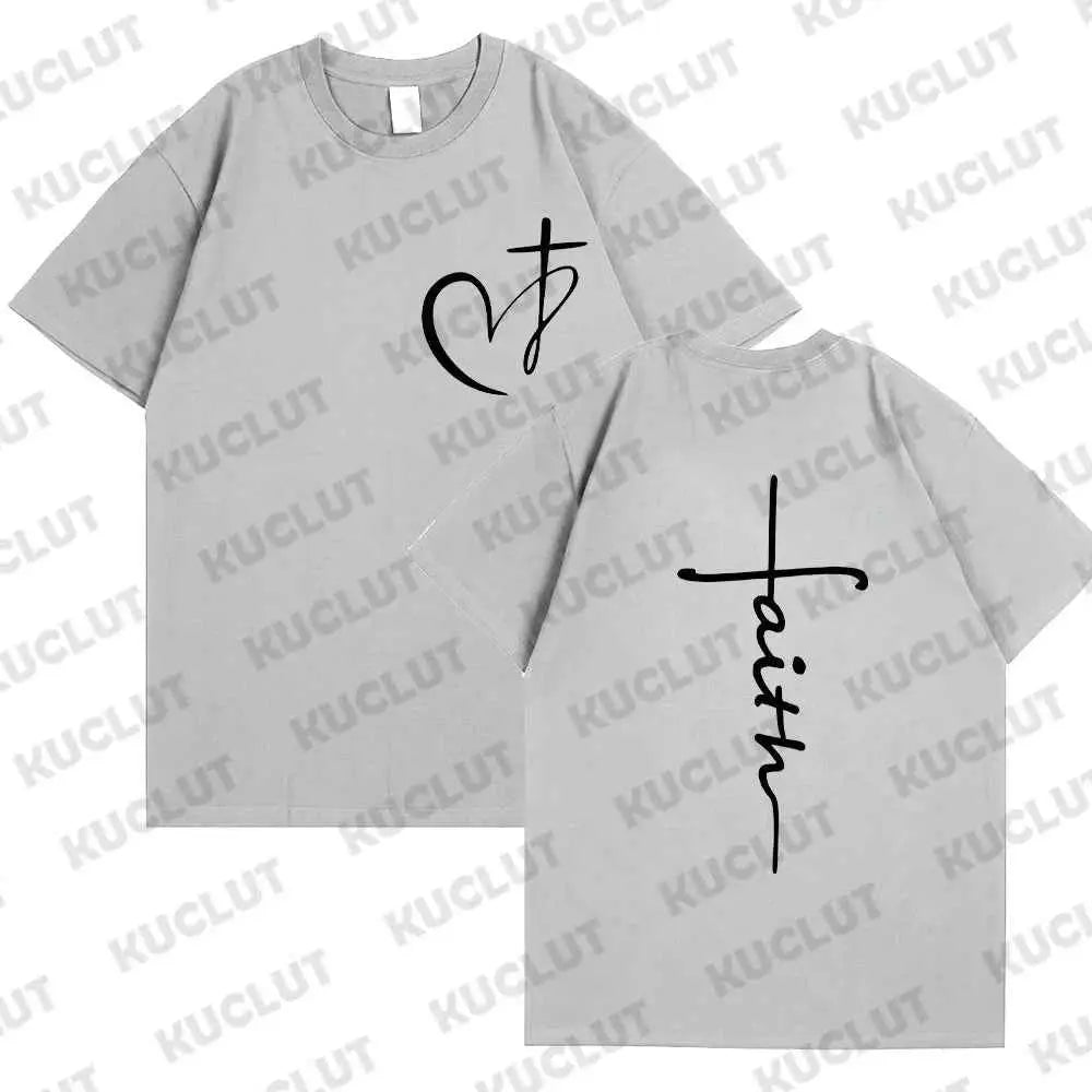 Women's Summer T Shirt Heart Cross Print Faith Jesus Tee Short Sleeve Top Fashion Brand Clothing