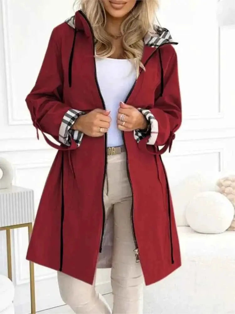 Autumn Winter Splicing Plaid Windbreaker Coat For Women Hooded Zipper Pocket Drawstring Waist Long Jacket