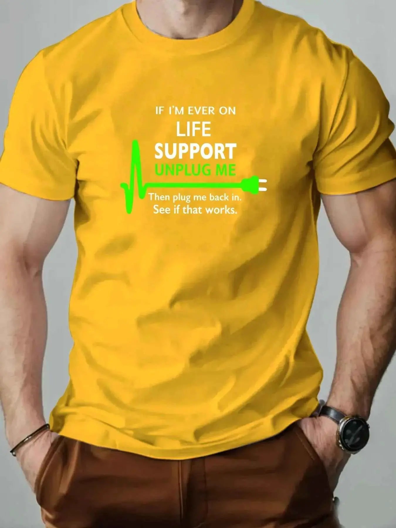 100 Percent Cotton Mens Round Neck T Shirt Life Support Unplug Socket Graphic Print Breathable Casual Oversized Tee