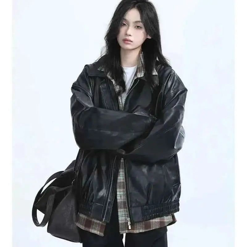 Retro Ladies Fashion Zipper Faux Leather Jacket Spring Autumn Women Long Sleeves Leather Coat PU Leather Outerwear 2025