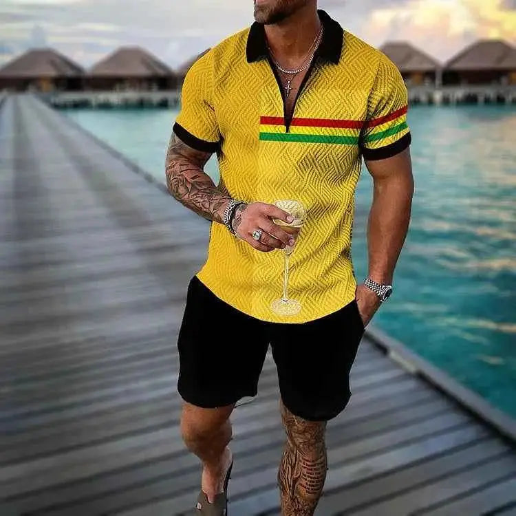 Mens Summer Tracksuit Set 3D Printed Casual Short Sleeve T Shirt With Lapel Zip Polo For Jogging