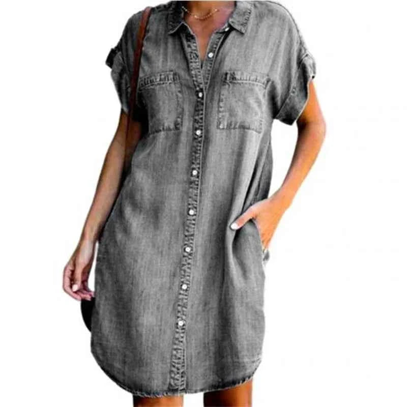 Women Denim Shirt Dress Short Sleeve Distressed Jean Button Down Casual Tunic Top Casual Wear