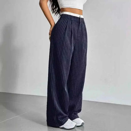 Women Striped Printed Full Length Pants High Waist Loose Wide Leg Trousers Casual Y2K Fashion