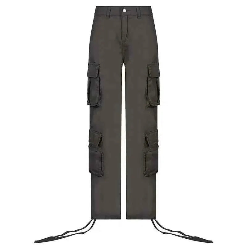 Women Denim Cargo Jeans With Button Pockets Straight Leg Y2K Mid Waist Casual Streetwear Trousers
