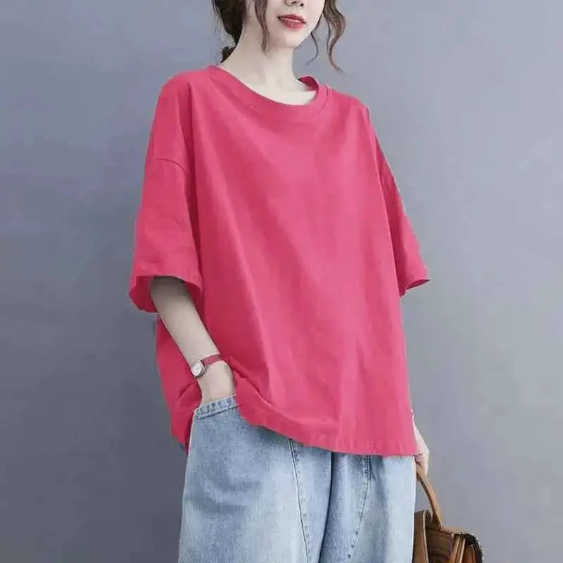 Oversized Womens Casual Korean Solid Color O Neck Short Sleeve T Shirt Summer Loose Pullover Top Tee