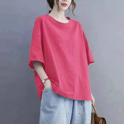 Oversized Womens Casual Korean Solid Color O Neck Short Sleeve T Shirt Summer Loose Pullover Top Tee