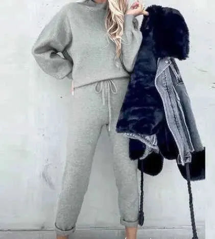 Women Fleece Lined Tracksuit Set High Collar Hoodie Sweatshirt Jogger Winter Sportswear TeenStylo