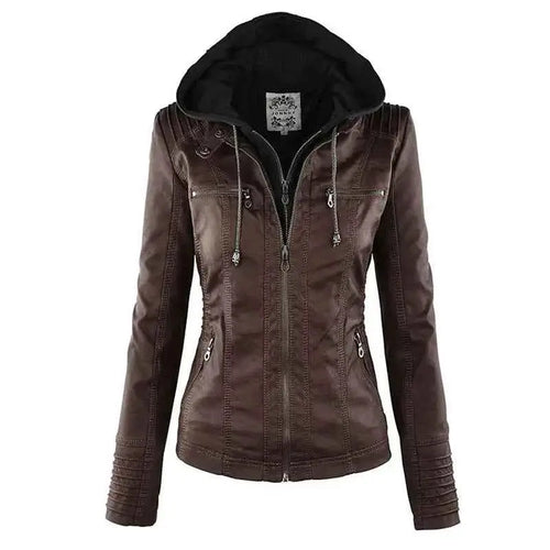 Faux Leather Jacket Women 2025 PU Leather Zipper Hooded Outerwear Winter Motorcycle Coat