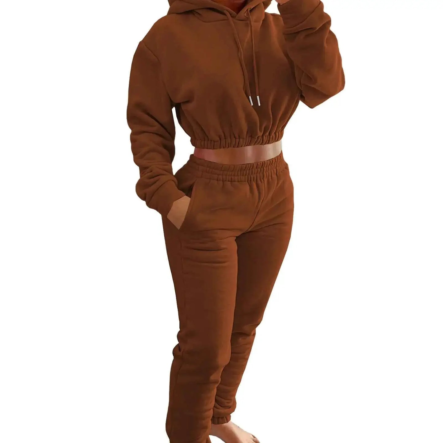 Women Autumn Winter Fleece Crop Top Hoodie Sweatshirt And Sweatpants Tracksuit 2 Piece Jogger Set Sweatsuit