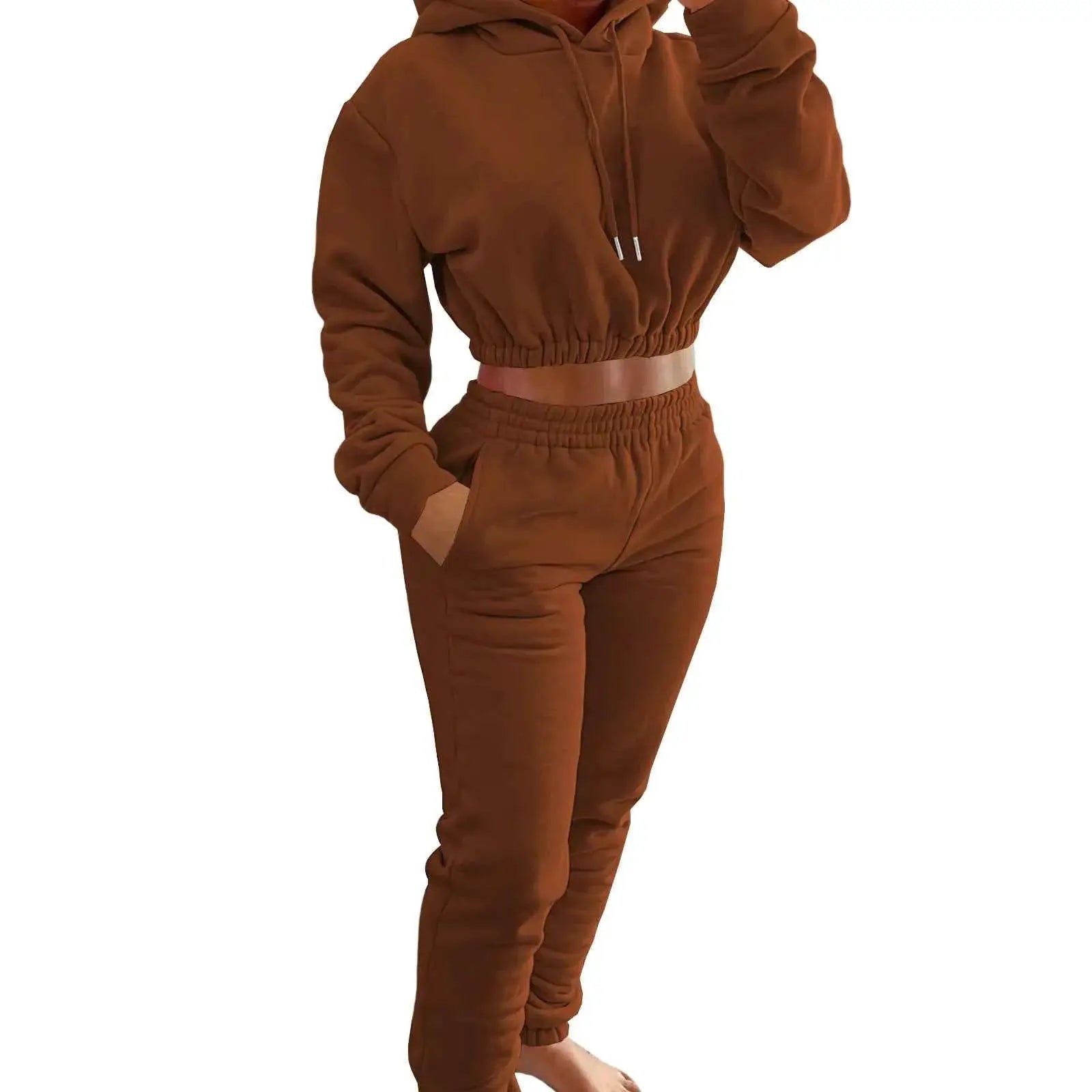 Women Autumn Winter Fleece Crop Top Hoodie Sweatshirt And Sweatpants Tracksuit 2 Piece Jogger Set Sweatsuit