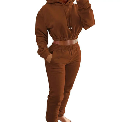 Women Autumn Winter Fleece Crop Top Hoodie Sweatshirt And Sweatpants Tracksuit 2 Piece Jogger Set Sweatsuit