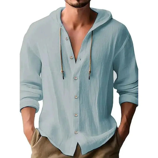 Mens Hooded Beach Casual Long Sleeve Shirt Thin Solid Button Up Streetwear Tops For Men
