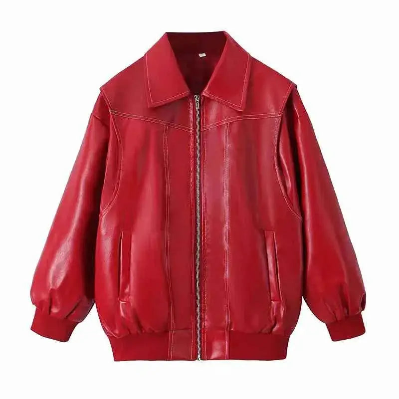 Women PU Leather Jacket Zipper Streetwear Vintage Contrast Stitch Lapel Loose Coat Fall Winter 2024 Trendy