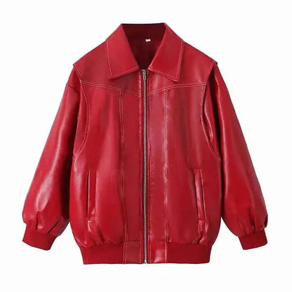 Women PU Leather Jacket Zipper Streetwear Vintage Contrast Stitch Lapel Loose Coat Fall Winter 2024 Trendy
