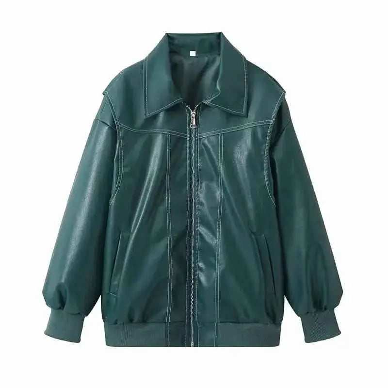 Women PU Leather Jacket Zipper Streetwear Vintage Contrast Stitch Lapel Loose Coat Fall Winter 2024 Trendy