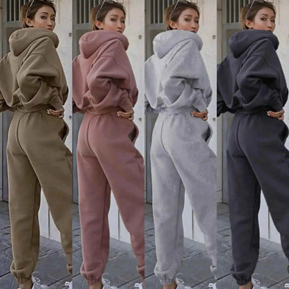 Women Two Piece Hoodie Tracksuit Set Solid Color Sweatshirt Pants For Autumn Winter 2024