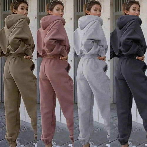 Women Two Piece Hoodie Tracksuit Set Solid Color Sweatshirt Pants For Autumn Winter 2024