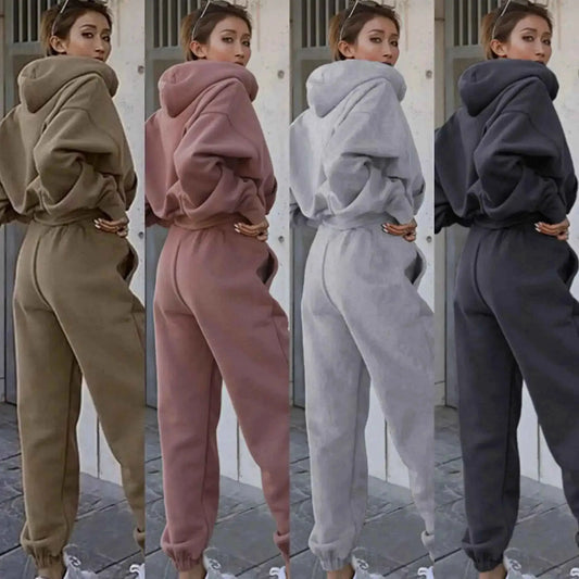 Women Two Piece Hoodie Tracksuit Set Solid Color Sweatshirt Pants For Autumn Winter 2024