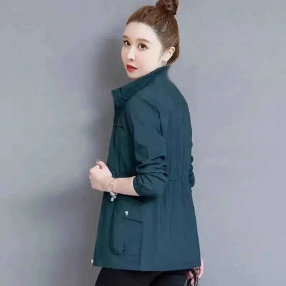Women's Short Jacket Windbreaker Double Layer Autumn Casual Slim Fit Coat Stand Up Collar Fashion Ladies Outerwear