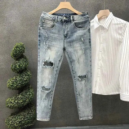 Mens Tapered Jeans Pants Harajuku Style 2025 Korean Fashion Light Blue Summer Y2K 2000s Cowboy Denim