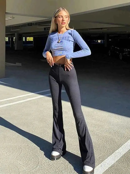 Solid Black High Waisted Slim Fitting Streetwear Flare Pants For Women Full Length Casual Trousers