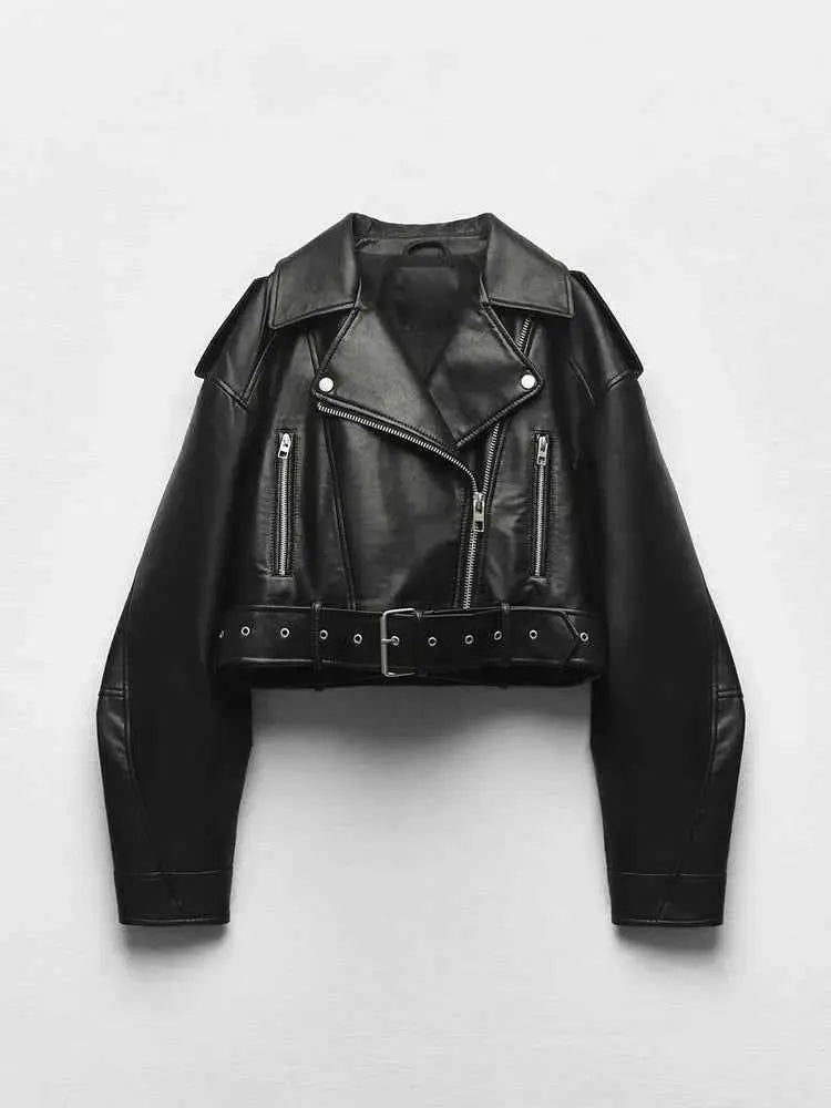 Women Faux PU Leather Short Jacket Belted Motorcycle Style Zipper Lapel Spring Autumn Outwear