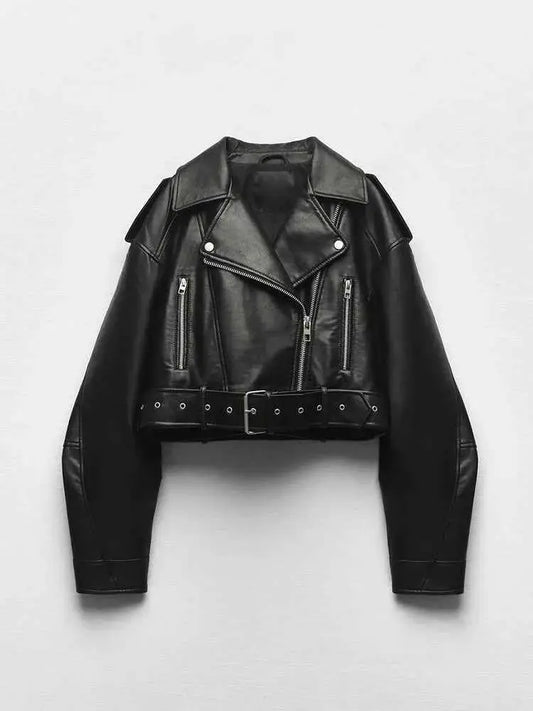 Women Faux PU Leather Short Jacket Belted Motorcycle Style Zipper Lapel Spring Autumn Outwear