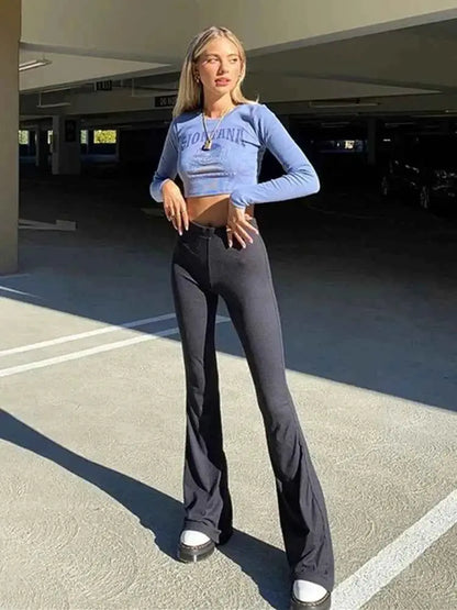 Solid Black High Waisted Slim Fitting Streetwear Flare Pants For Women Full Length Casual Trousers