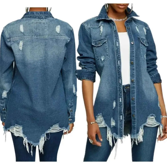Women Denim Jackets Ripped Vintage Casual Long Sleeve Spring Summer 2024 Streetwear Chic Coat