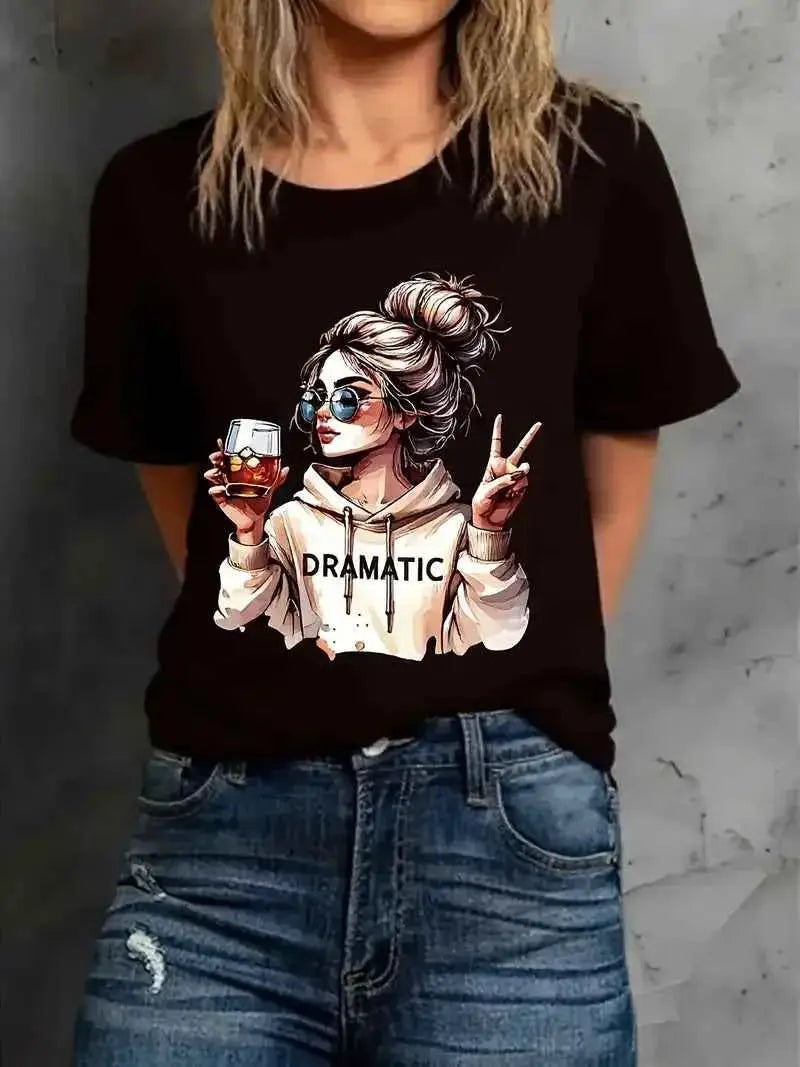 Streetwear 90s Womens Casual Graphic T Shirt Dramatic Wine Print Short Sleeve Top
