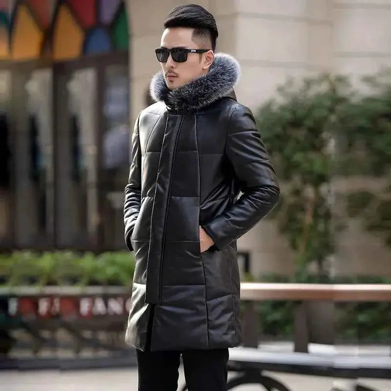 Mens Genuine Leather Down Jacket Hooded Sheepskin Coat Mid Length Slim Fit Winter Puffer Windbreaker