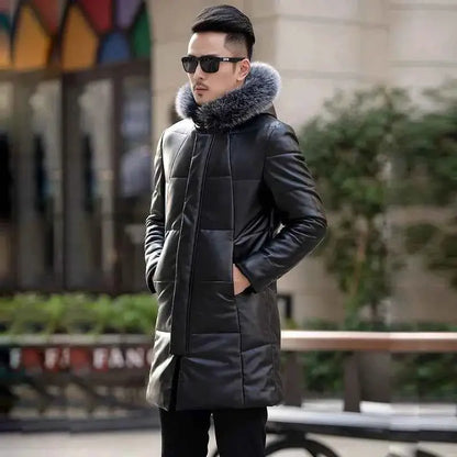 Mens Genuine Leather Down Jacket Hooded Sheepskin Coat Mid Length Slim Fit Winter Puffer Windbreaker
