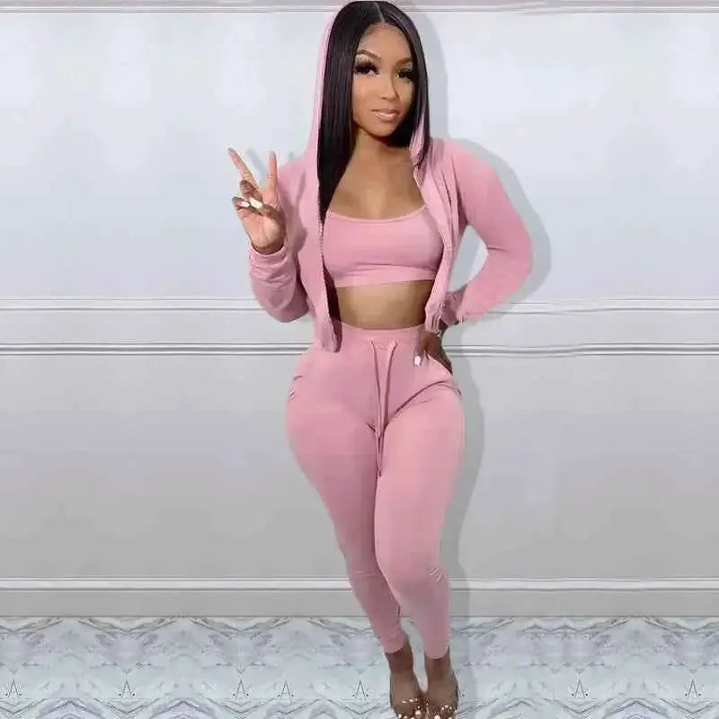 Women Sportswear 3 Piece Hooded Track Jacket Tank Top Jogger Pants Tracksuit Activewear Set