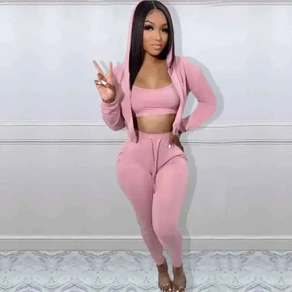 Women Sportswear 3 Piece Hooded Track Jacket Tank Top Jogger Pants Tracksuit Activewear Set