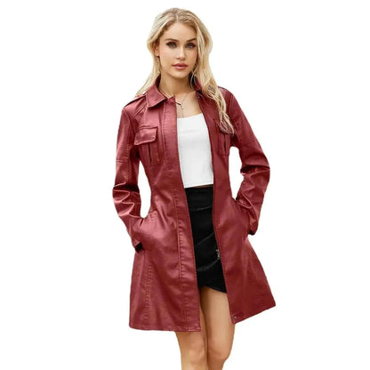 Black Women PU Leather Long Jacket Windbreaker For Spring And Autumn Lapel Single Breasted Long Sleeve