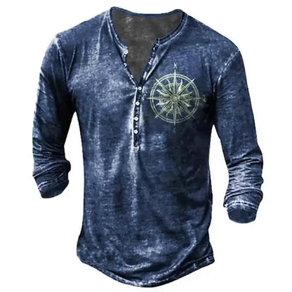 Vintage Men's Compass Graphic Long Sleeve Tee Oversized Streetwear 3D Print For Men