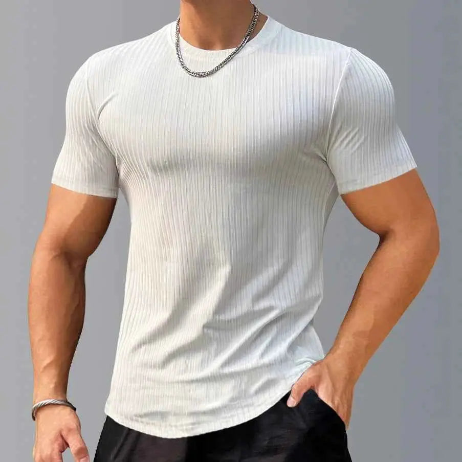 Mens Muscle Shirt Short Sleeve Casual Slim Fit Workout Tee Striped Curved Hem Lightweight Elastic For Athletic Training