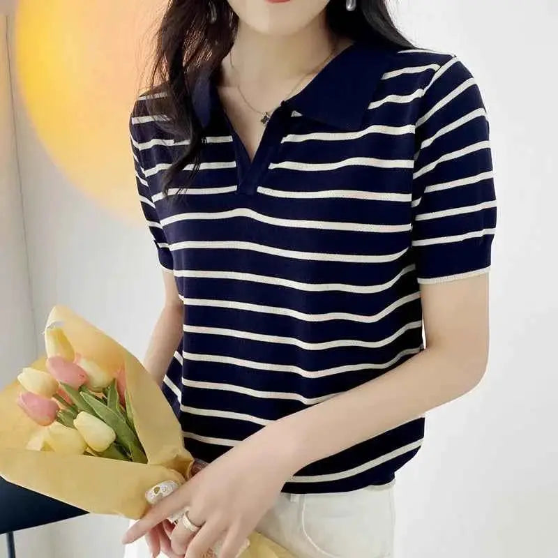 Women Summer Polo T Shirt Short Sleeve Cotton Striped Casual Fashion Top Tee Available In M L XL