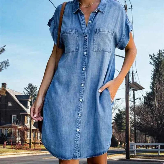 Women Denim Shirt Dress Short Sleeve Distressed Jean Button Down Casual Tunic Top Casual Wear
