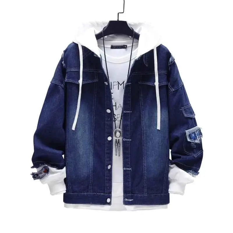 Men Denim Jacket Streetwear Hip Hop Hooded Jean Jacket Casual Loose Outerwear 2023 Spring Fashion Slim Fit