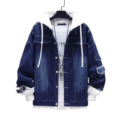 Men Denim Jacket Streetwear Hip Hop Hooded Jean Jacket Casual Loose Outerwear 2023 Spring Fashion Slim Fit