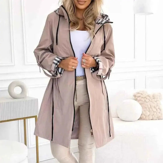 Autumn Winter Splicing Plaid Windbreaker Coat For Women Hooded Zipper Pocket Drawstring Waist Long Jacket