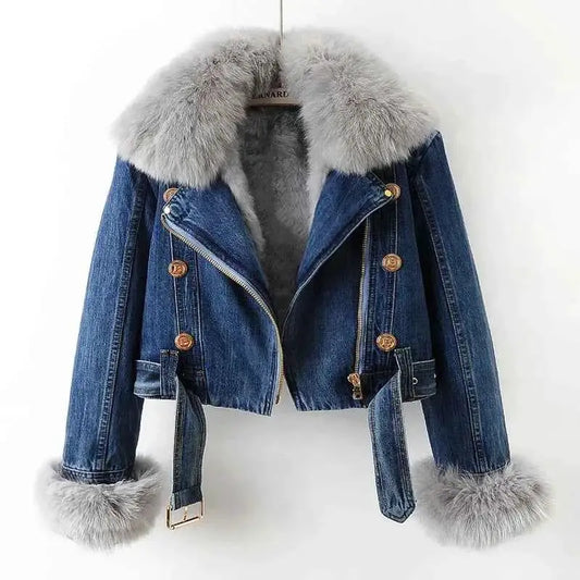 Winter Fox Fur Collar Denim Jacket For Women With Rabbit Fur Liner Loose Short Zipper Cowboy Coat