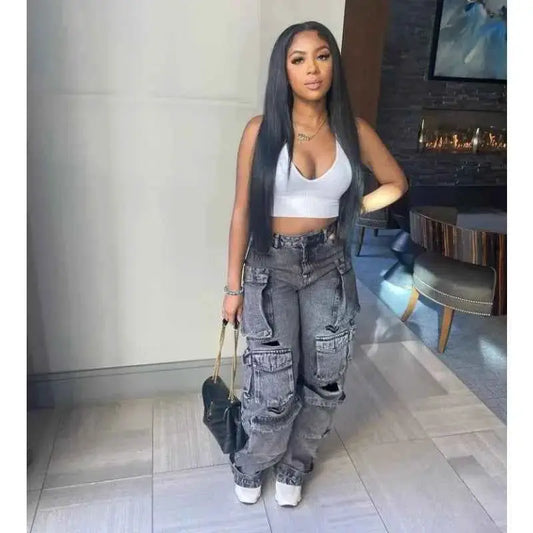 Women Denim Straight Pants High Waist Cargo Jeans Streetwear Casual Trousers Multi Pocket