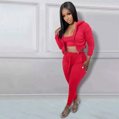 Women Sportswear 3 Piece Hooded Track Jacket Tank Top Jogger Pants Tracksuit Activewear Set