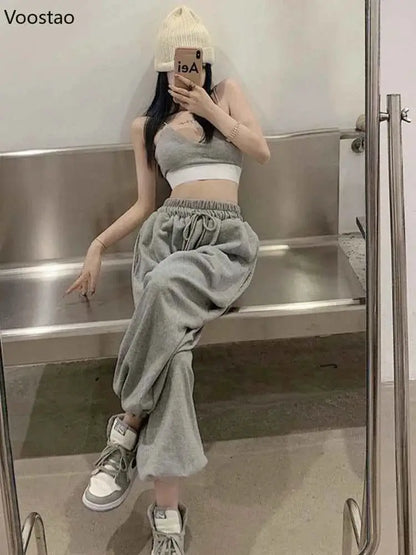 Women White Jogging Sweatpants Harajuku Style Wide Leg Casual Sports Pants Korean Fashion Ankle Length