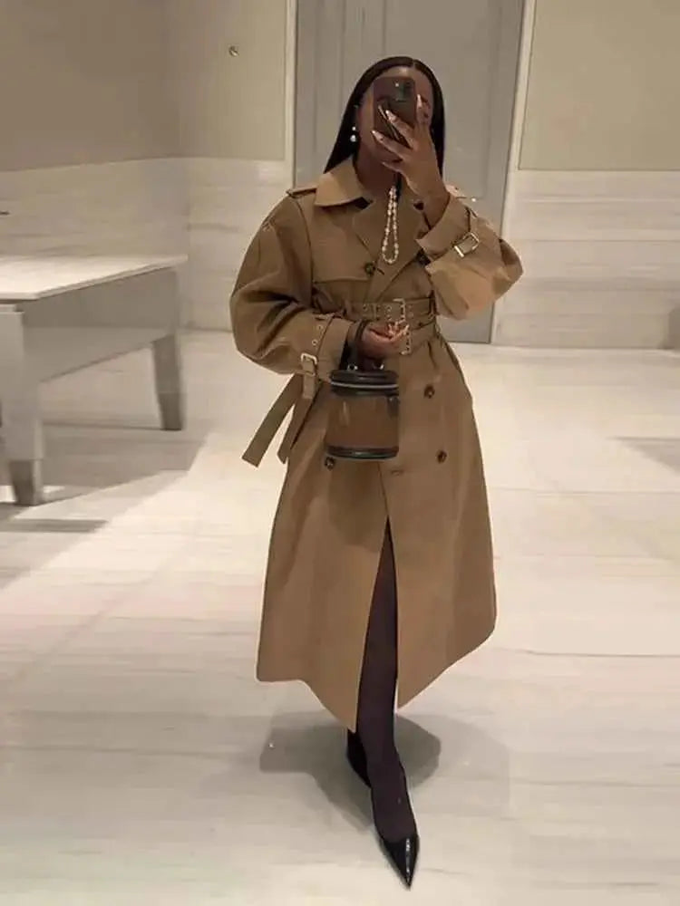 Khaki Women Windbreaker Jacket Double Belt Long Sleeve Lapel Button Casual Streetwear 2025 Autumn Winter