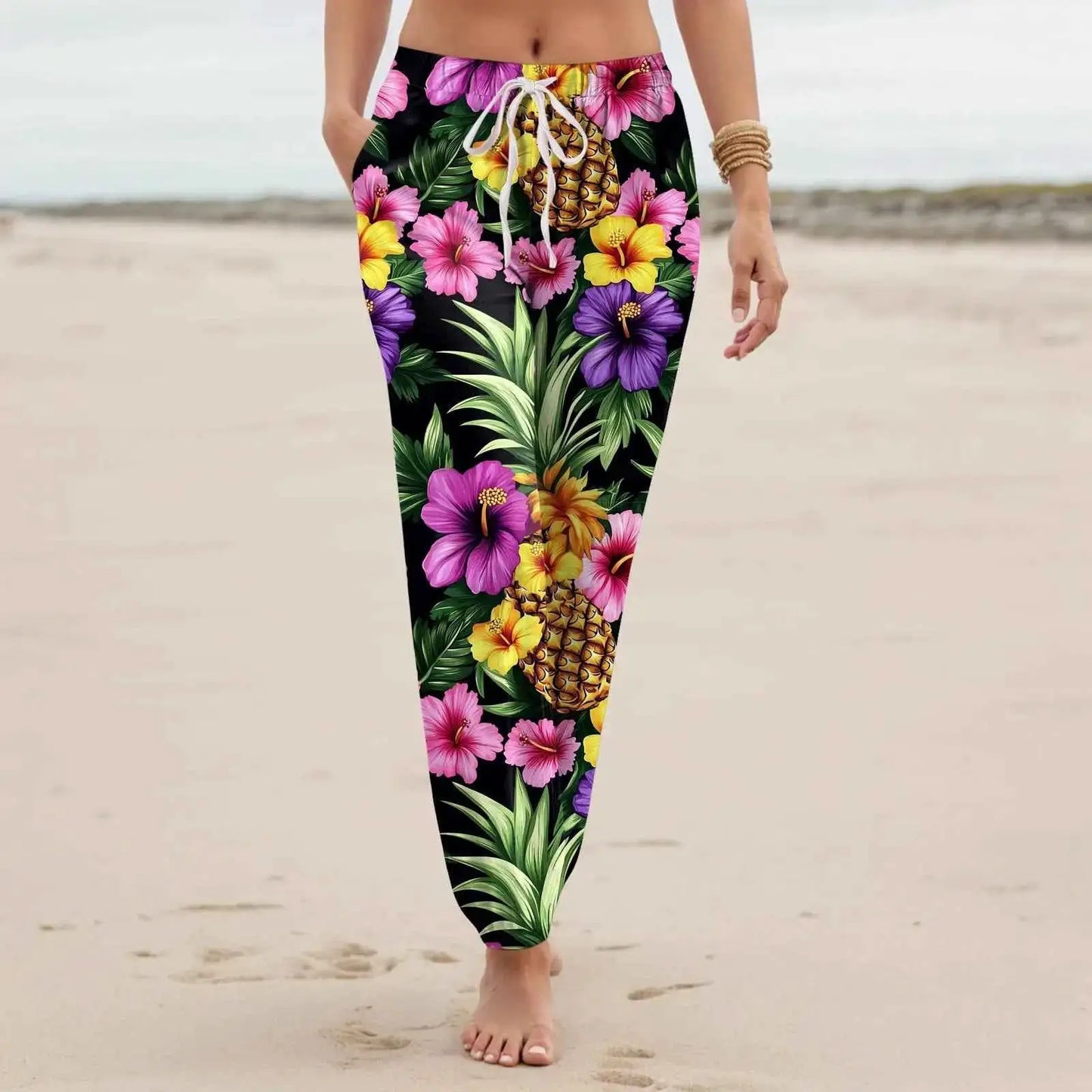 Women Casual Vintage Floral Printed Harem Pants With Pockets Drawstring Elastic Waist Beach Vacation Long Trousers