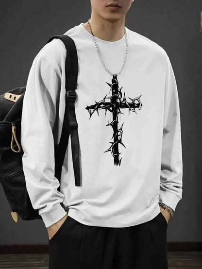 Y2K Vintage Men T Shirt Long Sleeve Oversized Harajuku Streetwear Cross Print Tee Autumn