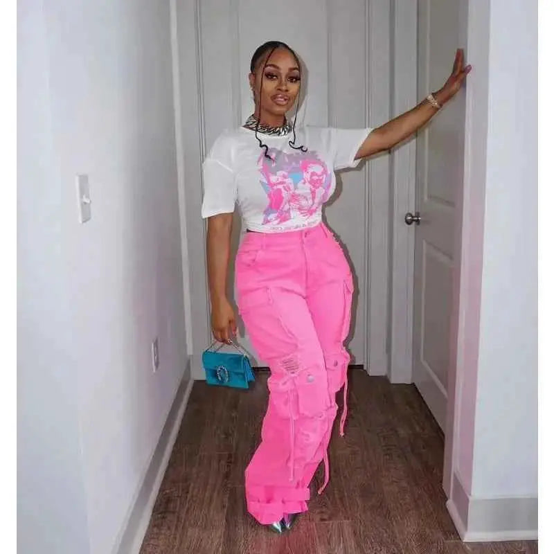 Women Denim Straight Pants High Waist Cargo Jeans Streetwear Casual Trousers Multi Pocket